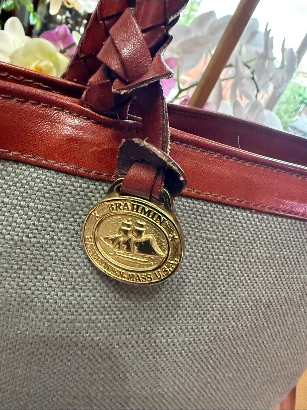 Vintage Brahmin Canvas Leather Shoulder Bag Braided Handles